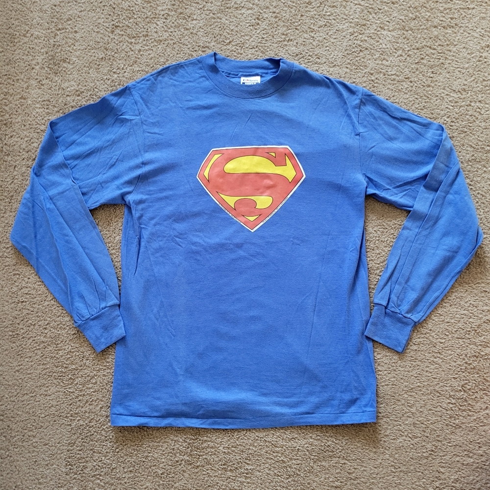 Vintage 80s Superman Blue Longsleeve Hanes T Shirt Large Iron On Graphic